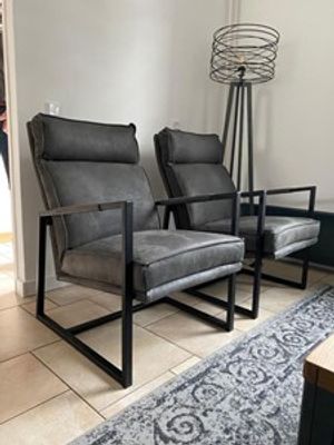 Set van 2 leren fauteuils met stalen frame en hoge rug - grijs leer - Echt leer, Industrieel, ontdek de vele Leersoorten en Kleuren bij ShopX