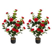 Twee 95 cm Kunstcamelia Kunstplant met Nepbloemen in een Cementpot Nepbloemenplant Winkeldecoratie Kantoordecoratie (2, Rood）