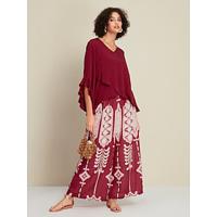 Blouse met ronde hals en casual maxi-broek met wijde pijpen, tweedelige set met ruche flare manchetten en casual folkprint