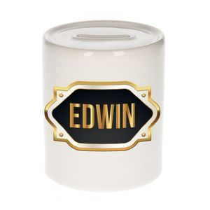 Naam cadeau spaarpot Edwin met gouden embleem