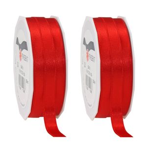 2x Luxe rode satijnen lint rollen 1 cm x 25 meter cadeaulint verpakkingsmateriaal - Cadeaulinten