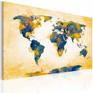 Schilderij - Wereldkaart - Wereld in Geel en Blauw , wanddecoratie , premium print op canvas