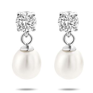 Oorhangers zilver-zoetwaterparel-zirconia wit 6,5 x 15 mm