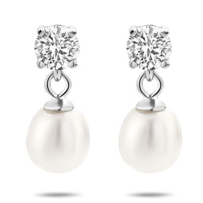 Oorhangers zilver-zoetwaterparel-zirconia wit 6,5 x 15 mm