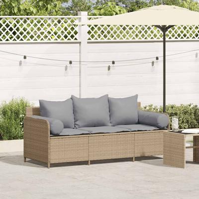Tuinbank 3-zits met kussens poly rattan beige