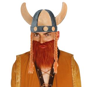 Vikingen verkleed set - 2 delig - heren - helm met hoorns - nep baard rood