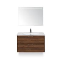 Porto Badmeubelset 90 cm - Walnoot - Keramische Wastafel Wit Slim - met Sence Spiegel