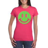 Verkleed T-shirt voor dames - smiley - roze - carnaval/foute party - feestkleding