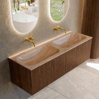 Badmeubel Mondiaz Kurve-Dlux | 140 cm | Meubelkleur Walnut | Wastafelkleur Arena | Solid surface | Wasbak beide zijden spoelbak | Zonder kraangat(en)