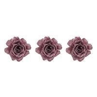 3x stuks decoratie bloemen roos roze glitter op clip 10 cm