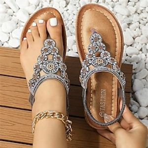 Dames Sandalen Boho Platte sandalen Comfortabele schoenen Dagelijks Strand Zomer Strass Bloem Platte hak Vintage Casual Imitatieleer Leegloper Zilver Zwart Paars Lightinthebox