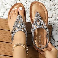 Dames Sandalen Boho Platte sandalen Grote maten Dagelijks Strand Zomer Strass Bloem Platte hak Vintage Casual Imitatieleer Leegloper Zilver Zwart Paars Lightinthebox - thumbnail