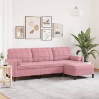 Driezitsbank met voetenbank 210 cm fluweel roze