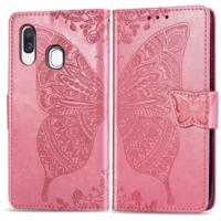 Vlinder liefde bloemen reliëf horizontale Flip lederen case voor Galaxy A40 met houder & card slots & portemonnee & Lanyard (roze)