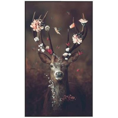 Schilderij Hert met bloemen - multikleur - 118x70 cm