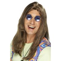 Carnaval verkleed hippie herenpruik - Bruin - lang haar - Sixties - Flower Power