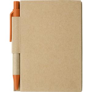 Notitie/opschrijf boekje met balpen - harde kaft - beige/oranje - 11x8cm - 80blz gelinieerd   -