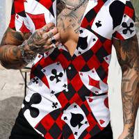 Bon&Bon Men's Poker & Geometric Print Short Sleeve Casual Button Shirt Red / M