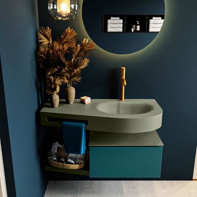 MONDIAZ RIVA 100cm badmeubel onderkast / planchet kleur Smag met 1 lade. Wastafel DULCET rechts 1 kraangat kleur Army.