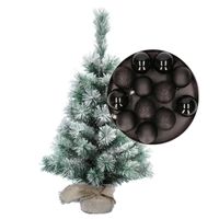 Besneeuwde mini kerstboom/kunst kerstboom 35 cm met kerstballen zwart   - - thumbnail