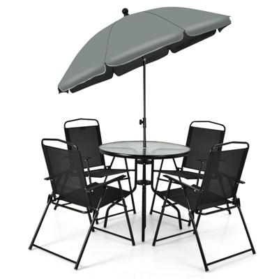 6 Delige Terrasmeubel Set Gehard Glazen Top Salontafel en 4 Inklapbare Stoelen Patio Dineren Set met Paraplu voor Gazon Dek Zwembad