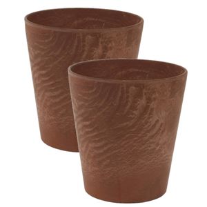 2x stuks plantenpot/bloempot in een natuursteen look Dia 17 cm en Hoogte 15 cm dark terra cotta