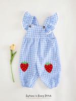 Bon&Bon Baby Girl Strawberry Pattern Square Neck Ruffle Trim Jumpsuit Blue and White / 6-9M