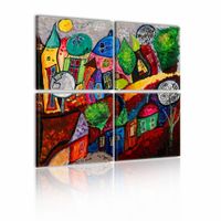 Schilderij - Kleurrijke Stad, multikleur, print op canvas ,wanddecoratie, 4luik