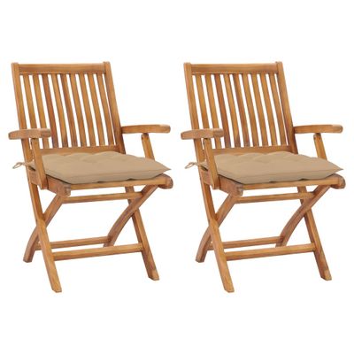 VidaXL Inklapbare stoelen 2 st met beige kussens massief teakhout