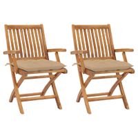 VidaXL Inklapbare stoelen 2 st met beige kussens massief teakhout - thumbnail