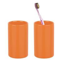 Badkamer drinkbeker/tandenborstelhouder Sienna - 2x - porselein - glans oranje - 7 x 11 cm