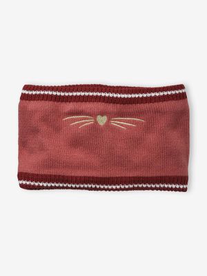 Snood met geborduurde kat in geribd breisel donkerroze