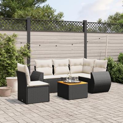 6-delige Loungeset met kussens poly rattan zwart