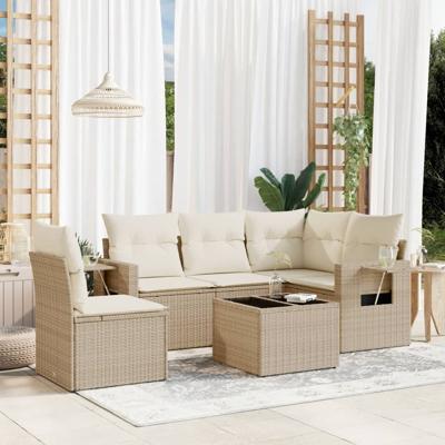 6-delige Loungeset met kussens poly rattan beige