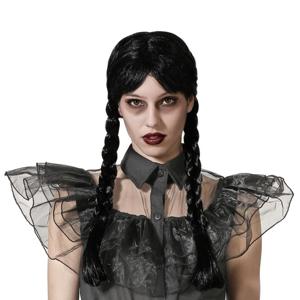 Verkleedpruik Dames Wednesday - Zwart - Met lange vlechtjes - lang haar - Halloween - Horror thema