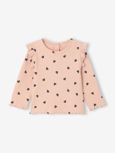 T-shirt van ribstof met mouwen met ruches meisjesbaby roze (poederkleur)