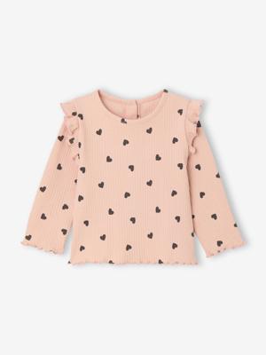 T-shirt van ribstof met mouwen met ruches meisjesbaby roze (poederkleur)