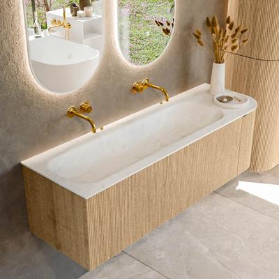 Badmeubel Mondiaz Kurve-Dlux | 145 cm | Meubelkleur Oak | Wastafelkleur Opalo | Solid surface | Links spoelbak | Zonder kraangat(en)