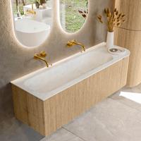Badmeubel Mondiaz Kurve-Dlux | 145 cm | Meubelkleur Oak | Wastafelkleur Opalo | Solid surface | Links spoelbak | Zonder kraangat(en)