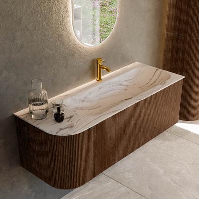Badmeubel Mondiaz Kurve-Dlux | 125 cm | Meubelkleur Walnut | Wastafelkleur Nata | Solid surface | Wasbak rechter zijde spoelbak | 1 kraangat