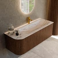 Badmeubel Mondiaz Kurve-Dlux | 125 cm | Meubelkleur Walnut | Wastafelkleur Nata | Solid surface | Wasbak rechter zijde spoelbak | 1 kraangat