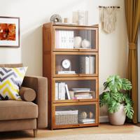 Boekenkast met 4 Verdiepingen met Acryldeuren Vitrinekast van Bamboe met 4 Vakken Opbergrek voor Werkkamer Woonkamer