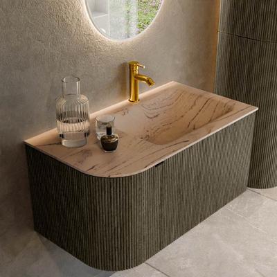 Badmeubel Mondiaz Kurve-Dlux | 85 cm | Meubelkleur Shadow | Wastafelkleur Arena | Solid surface | Wasbak rechter zijde spoelbak | 1 kraangat