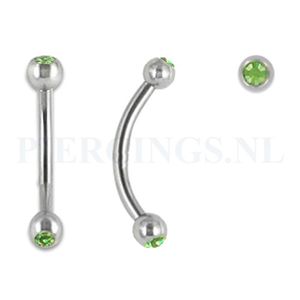 Banana 1.2 mm chirurgisch staal met groen kristal 10 mm + 3 mm bal