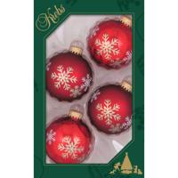 Krebs Kerstballen - 8x - rood met sneeuwvlok - glas - 7 cm - luxe gedecoreerde kerstversiering