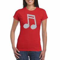 Verkleed t-shirt voor dames - rood - glitter opdruk - zilver - muzieknoot - themafeest