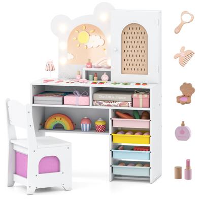 Kinderkaptafel met Lichte Houten Prinsessen-stijl Kaptafel en Stoelenset Wit