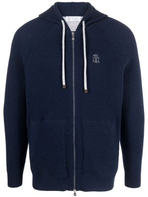 Brunello Cucinelli hoodie zippé à logo brodé - Bleu