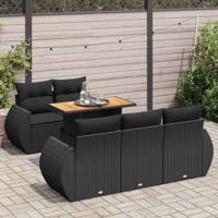6-delige Loungeset met kussens poly rattan zwart