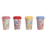 Kop met deksel DKD Home Decor Multicolour Blommor 400 ml (4 Stuks)